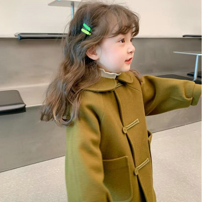 Mergaičių vilnonis paltas paltas Striukė nuo vėjo viršutiniai drabužiai 2024 m. žalia šilta stora žiemos šilta sniego kostiumai kalėdinė dovana vaikiška Cl