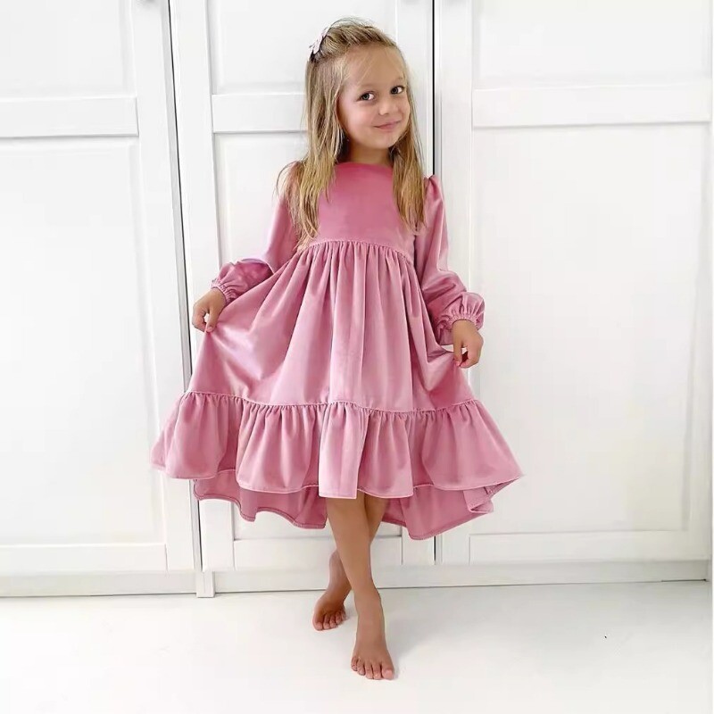 Nauja pavasario rudens vaikiška suknelė mergaitei Lotoso lapų šonuose ilgomis rankovėmis zomšinė suknelė vakarėliui Vaikiški drabužiai princesės suknelės H3332