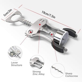 Отварачка за вино, отварачка за бутилки за вино от цинкова сплав, криловиден тирбушон, тежък, ръчен многофункционален корков винт за сервитьор, сребро