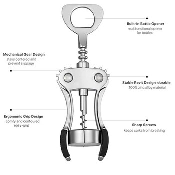 Отварачка за вино, отварачка за бутилки за вино от цинкова сплав, криловиден тирбушон, тежък, ръчен многофункционален корков винт за сервитьор, сребро