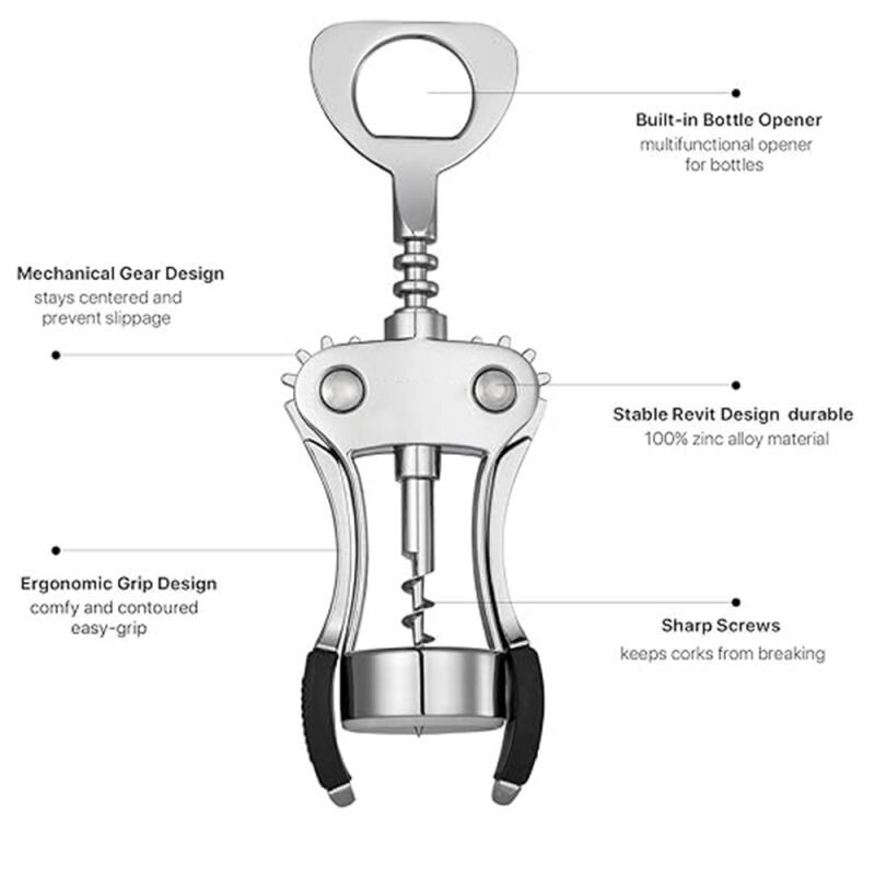 Bornyitó, cinkötvözet borosüvegnyitó, nagy teherbírású szárnyas dugóhúzó, kézi többfunkciós parafacsavar pincérhez, ezüst
