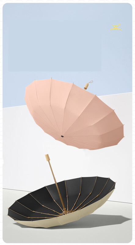 16 bones trīskāršs vienkrāsains saulessargs masīvkoka rokturis, mazs, svaigs lietus un spīduma lietussargs