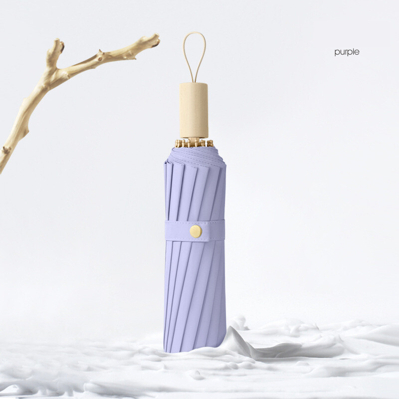 16 bones trīskāršs vienkrāsains saulessargs masīvkoka rokturis, mazs, svaigs lietus un spīduma lietussargs