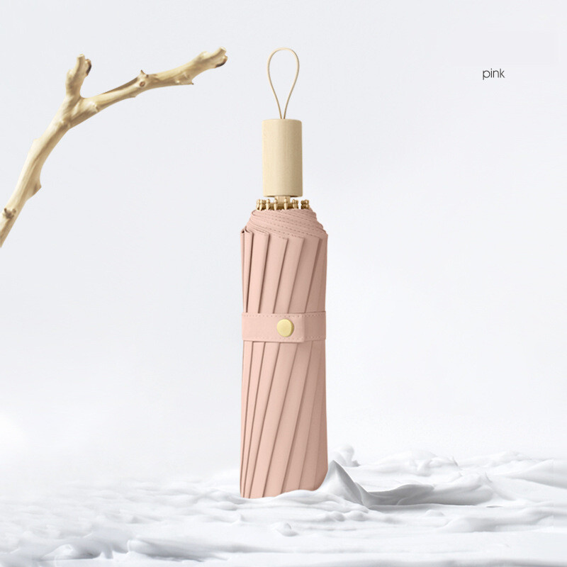 16 bones trīskāršs vienkrāsains saulessargs masīvkoka rokturis, mazs, svaigs lietus un spīduma lietussargs