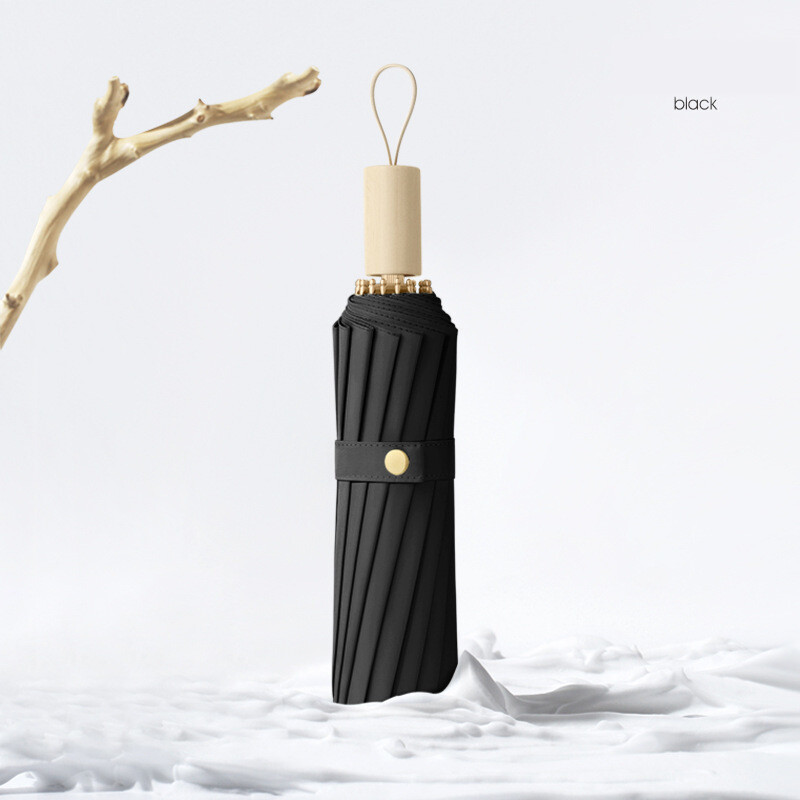 16 bones trīskāršs vienkrāsains saulessargs masīvkoka rokturis, mazs, svaigs lietus un spīduma lietussargs