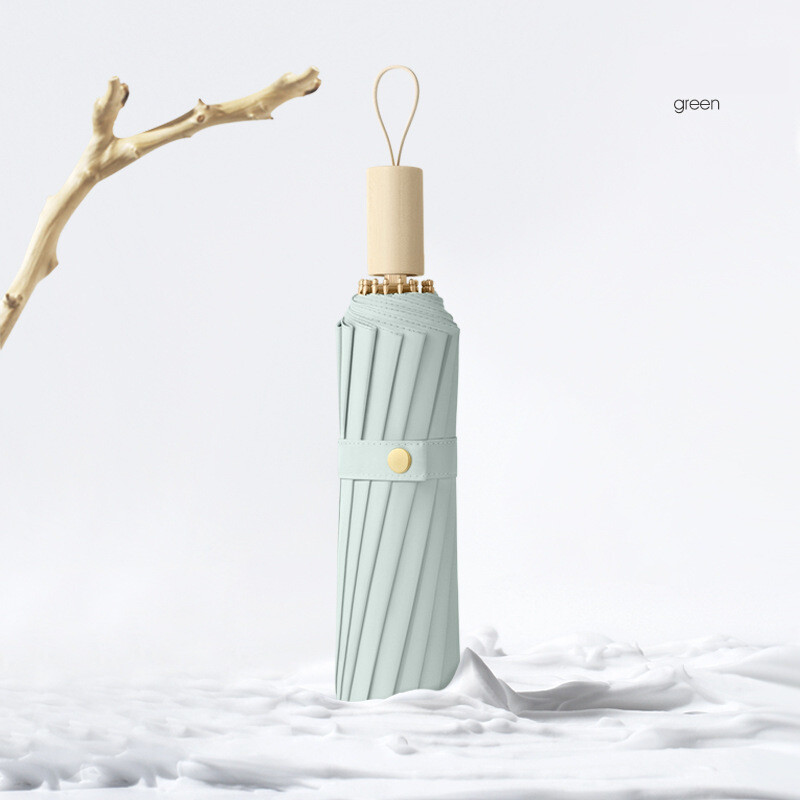 16 bones trīskāršs vienkrāsains saulessargs masīvkoka rokturis, mazs, svaigs lietus un spīduma lietussargs