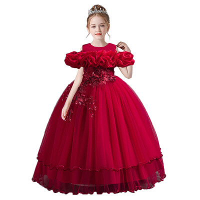 4-14 metų mažoms mergaitėms iš peties išsiuvinėtos gėlių mergaitės gimtadienio baigimo ceremonijos konkurso suknelė