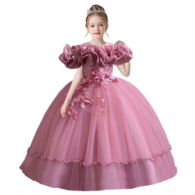 4-14 metų mažoms mergaitėms iš peties išsiuvinėtos gėlių mergaitės gimtadienio baigimo ceremonijos konkurso suknelė