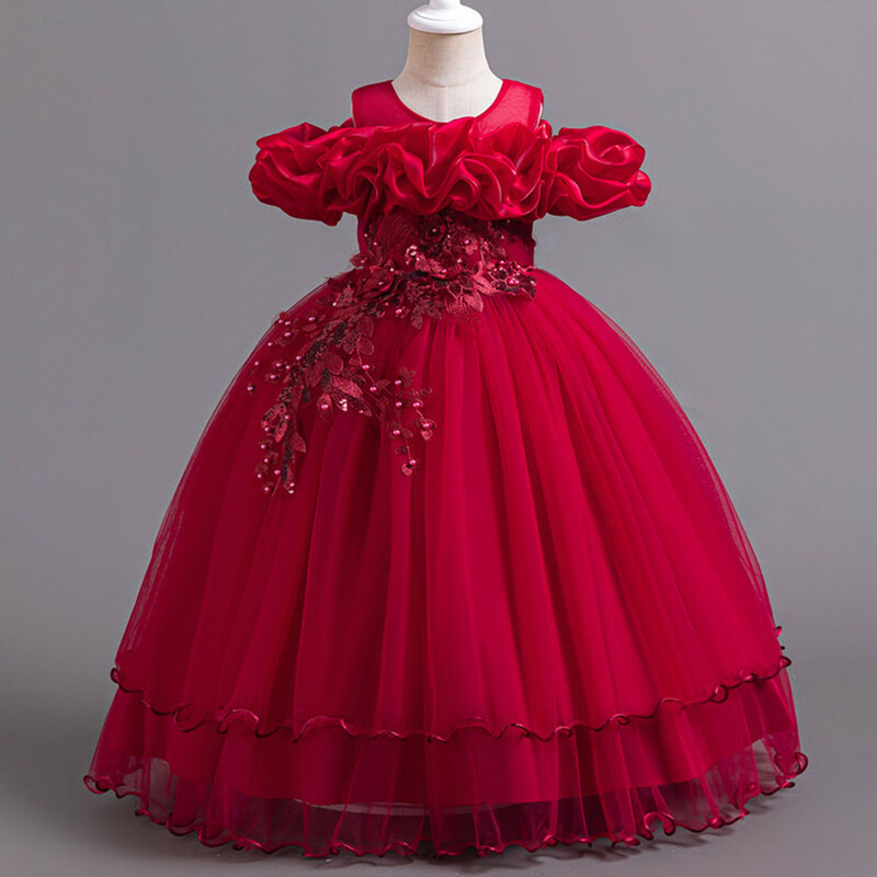 4-14 metų mažoms mergaitėms iš peties išsiuvinėtos gėlių mergaitės gimtadienio baigimo ceremonijos konkurso suknelė