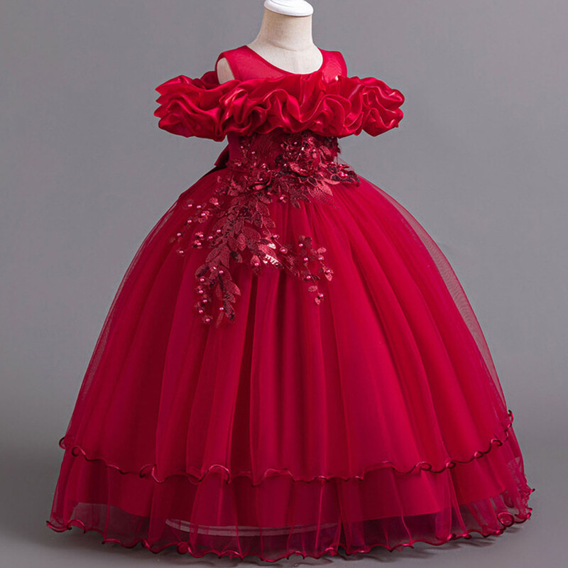 4-14 metų mažoms mergaitėms iš peties išsiuvinėtos gėlių mergaitės gimtadienio baigimo ceremonijos konkurso suknelė