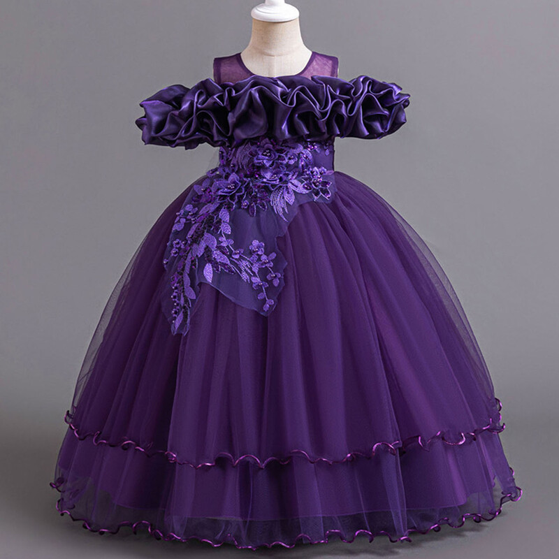 4-14 metų mažoms mergaitėms iš peties išsiuvinėtos gėlių mergaitės gimtadienio baigimo ceremonijos konkurso suknelė