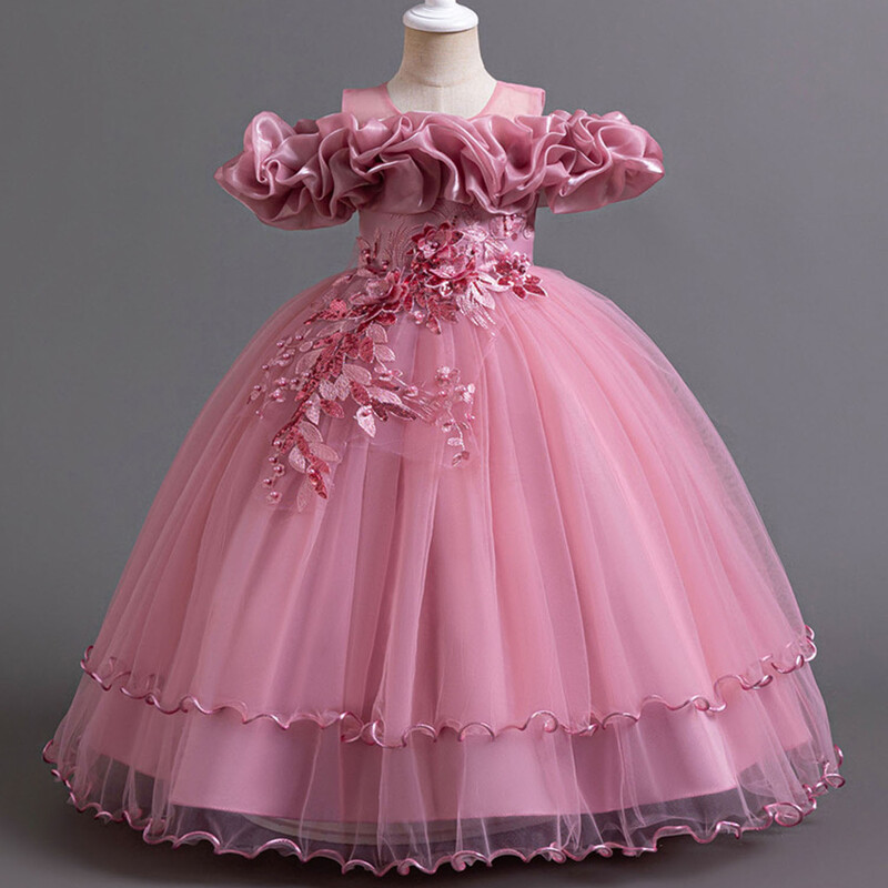 4-14 metų mažoms mergaitėms iš peties išsiuvinėtos gėlių mergaitės gimtadienio baigimo ceremonijos konkurso suknelė