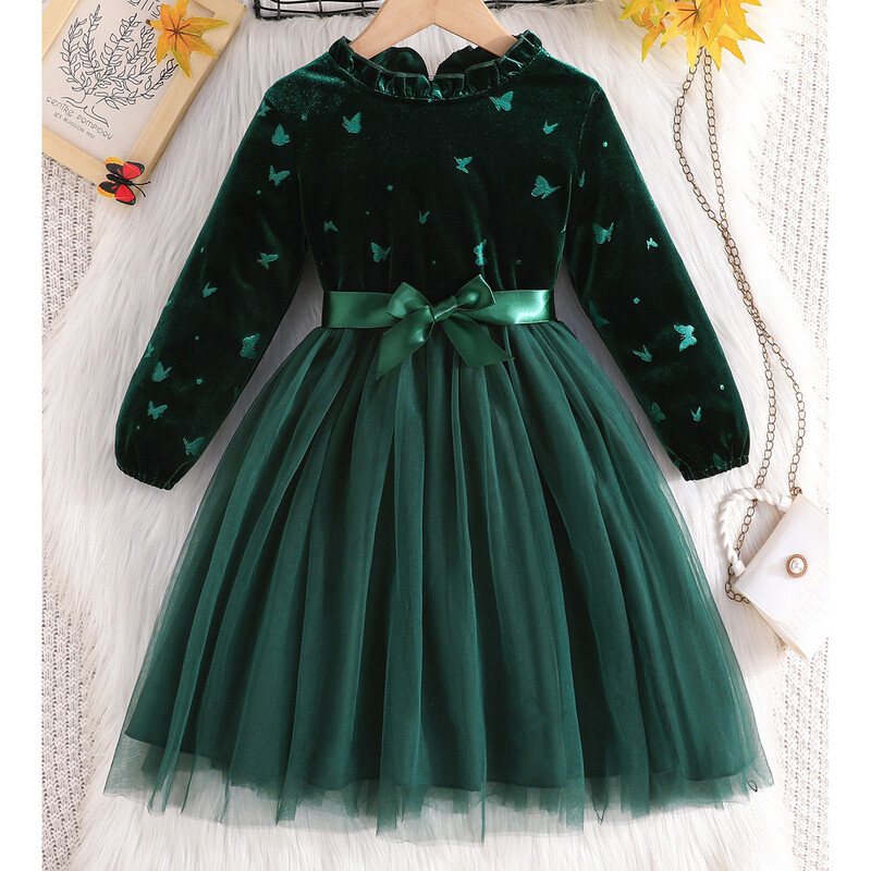 Copii Fete Rochie de Crăciun cu mânecă lungă cu imprimeu fluture Tutu din plasă Petrecere Anul Nou Zi de naștere Nuntă Bal Seara Rochie de prințesă