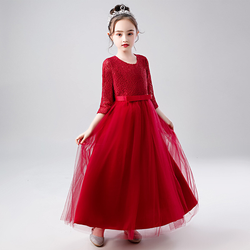 Augstas kvalitātes sarkana, gara puķu kleita meitenēm 4 6 8 10 12 14 16 gadus veci Ziemassvētku apģērbi OKF204001