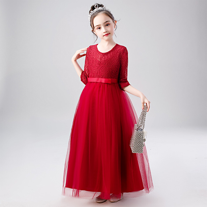 Augstas kvalitātes sarkana, gara puķu kleita meitenēm 4 6 8 10 12 14 16 gadus veci Ziemassvētku apģērbi OKF204001