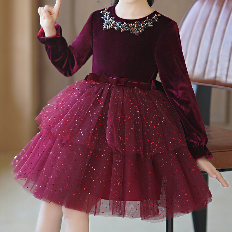 Lányok őszi/téli polár ruha borvörös elegáns hálós bozontos ruha karácsonyi stílusban #2213