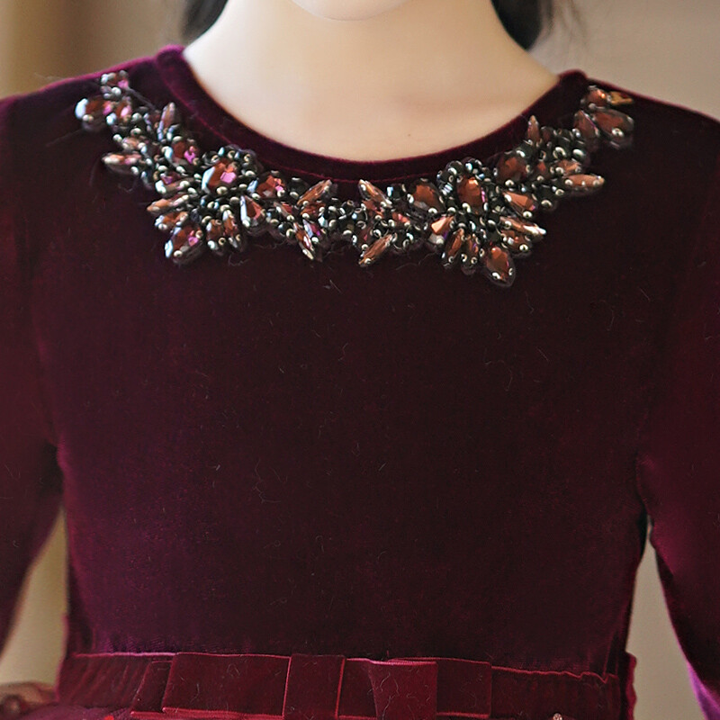 Lányok őszi/téli polár ruha borvörös elegáns hálós bozontos ruha karácsonyi stílusban #2213