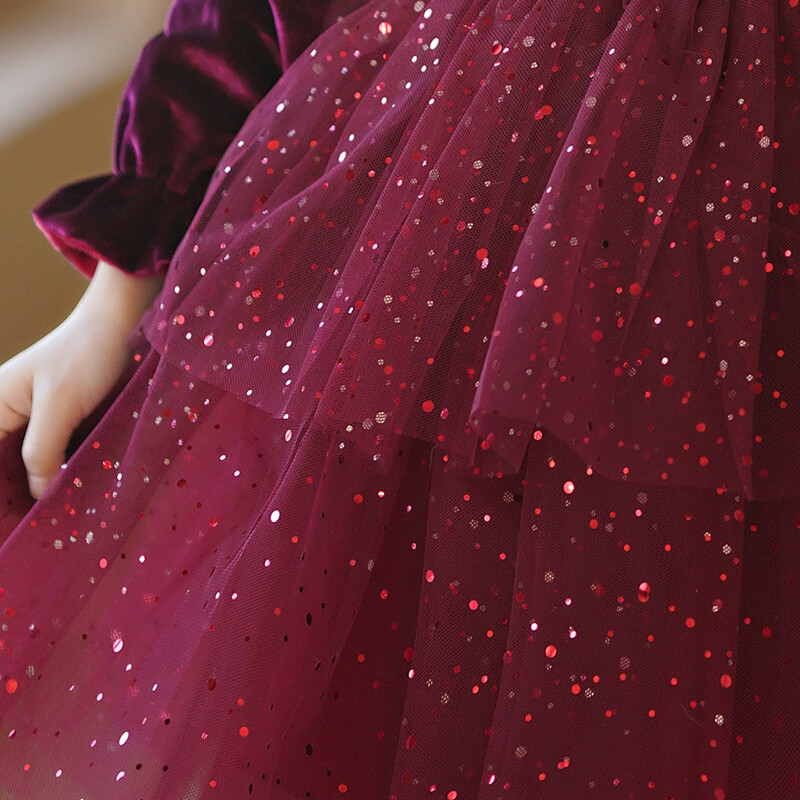 Lányok őszi/téli polár ruha borvörös elegáns hálós bozontos ruha karácsonyi stílusban #2213