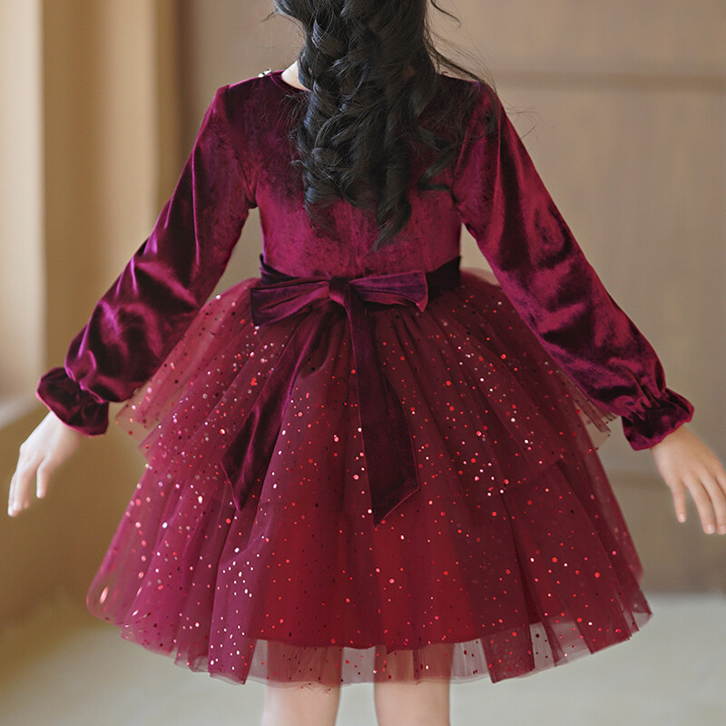 Lányok őszi/téli polár ruha borvörös elegáns hálós bozontos ruha karácsonyi stílusban #2213