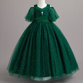 Φόρεμα πριγκίπισσας με παγιέτες για κορίτσια 5-14 ετών με μισό μανίκι διχτυωτό φιόγκο φουσκωτό μακρύ φόρεμα συμπόσιο λουλούδι κορίτσι νυφικό