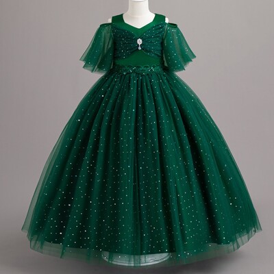 Φόρεμα πριγκίπισσας με παγιέτες για κορίτσια 5-14 ετών με μισό μανίκι διχτυωτό φιόγκο φουσκωτό μακρύ φόρεμα συμπόσιο λουλούδι κορίτσι νυφικό