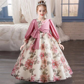 Κορίτσια λουλούδι μαργαριτάρι μακρυμάνικο φόρεμα πριγκίπισσας 4-12 χρονών κομψό φιόγκο εμπριμέ μακρύ φόρεμα αποκριάτικο πάρτι γενεθλίων