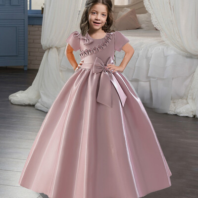 Djevojčice, cvjetne haljine kratkih rukava za vjenčanja, dječja svečana rođendanska zabava Odjeća za princeze, dječje večernje haljine sa satenskom mašnom