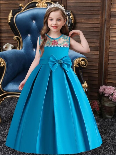 Blue Girl hosszú ruha, kislány ujjatlan szatén masnival hímzett gyöngyös hercegnő ruha, színpadi fellépő ruha