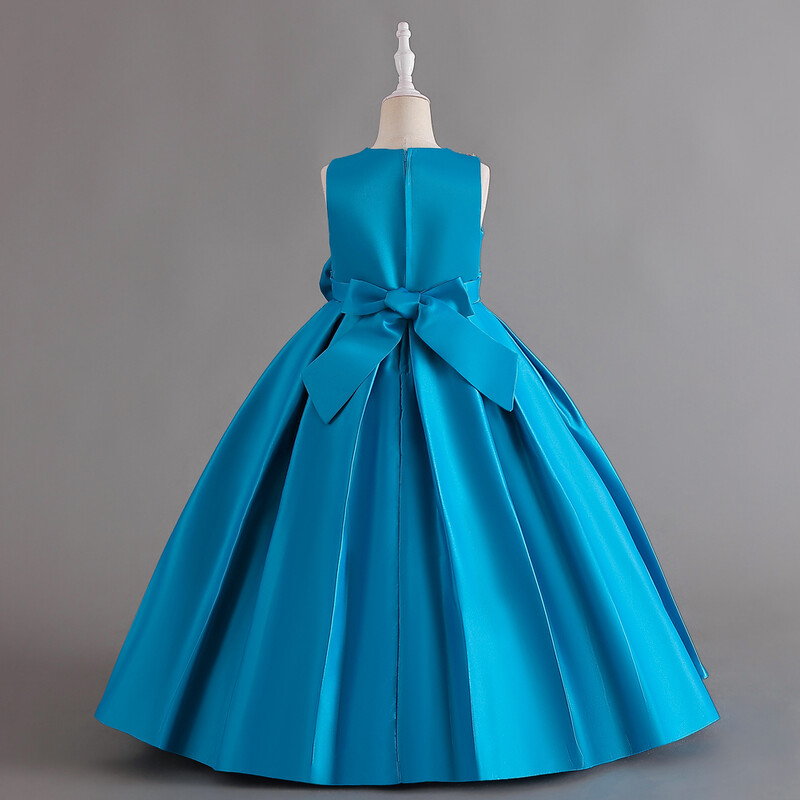 Blue Girl hosszú ruha, kislány ujjatlan szatén masnival hímzett gyöngyös hercegnő ruha, színpadi fellépő ruha