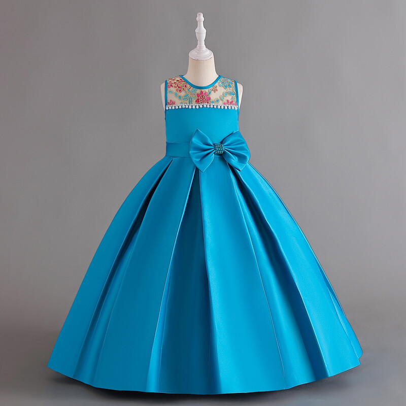 Blue Girl hosszú ruha, kislány ujjatlan szatén masnival hímzett gyöngyös hercegnő ruha, színpadi fellépő ruha