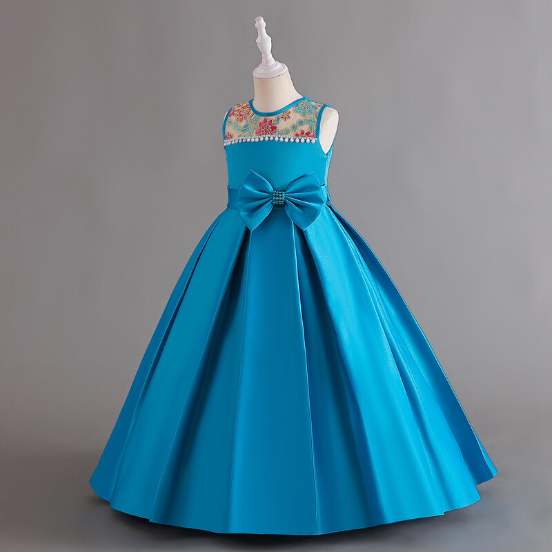 Blue Girl hosszú ruha, kislány ujjatlan szatén masnival hímzett gyöngyös hercegnő ruha, színpadi fellépő ruha