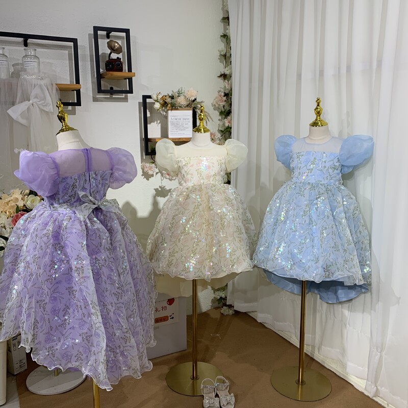 Mâneci umflate cu flori 3-11 ani Îmbrăcăminte pentru copii Copii Nuntă Petrecere Bal de aniversare Rochii de prințesă Rochie de lux pentru fete R182