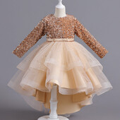 Gėlių mergaičių princesės blizgučiai Vestuvinė prabangi suknelė Kalėdų vakarėliui užpakalinė suknelė vaikams ilgomis rankovėmis Elegantiškos 3–12 m.