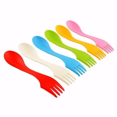 6 vnt. Lauko Spork 3 viename šaukštas Šakės Pjaustyklė Kelionė Stovykla žygiams Iškylai Plastikiniai Spork Combo Kelioniniai įtaisai Stalo įrankiai