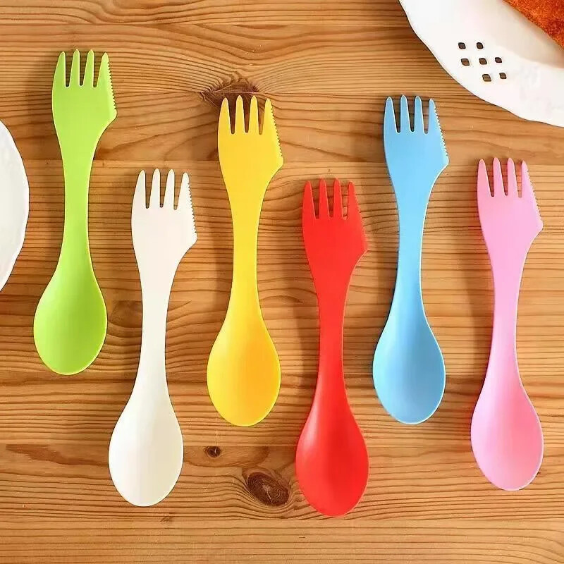 6 vnt. Lauko Spork 3 viename šaukštas Šakės Pjaustyklė Kelionė Stovykla žygiams Iškylai Plastikiniai Spork Combo Kelioniniai įtaisai Stalo įrankiai