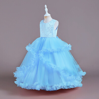 Modes, jauna meiteņu kleita, pūkaina marles princeses kleita ar mežģīnēm gara kāzu kleita klavieres priekšnesuma dzimšanas dienas ballītes kleita