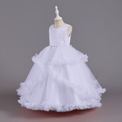 Modes, jauna meiteņu kleita, pūkaina marles princeses kleita ar mežģīnēm gara kāzu kleita klavieres priekšnesuma dzimšanas dienas ballītes kleita