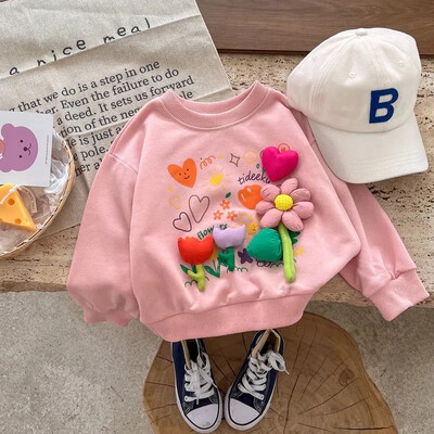 Βρεφικά κοριτσίστικα φούτερ Άνοιξη και Φθινόπωρο 2024 Παιδικό πουλόβερ πουλόβερ Casual Ευέλικτο τρισδιάστατο μπλουζάκι λουλουδιών