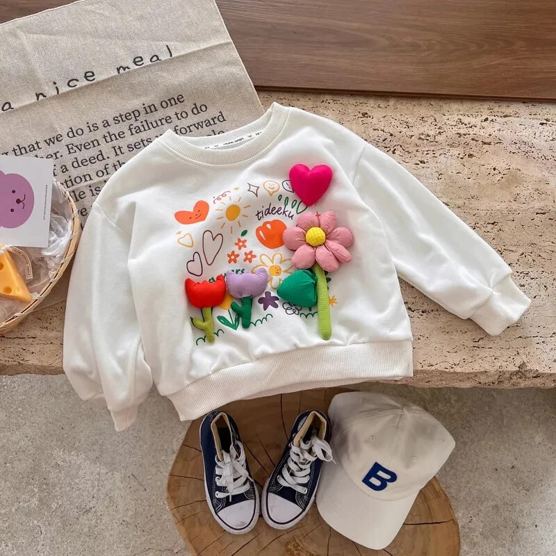 Βρεφικά κοριτσίστικα φούτερ Άνοιξη και Φθινόπωρο 2024 Παιδικό πουλόβερ πουλόβερ Casual Ευέλικτο τρισδιάστατο μπλουζάκι λουλουδιών
