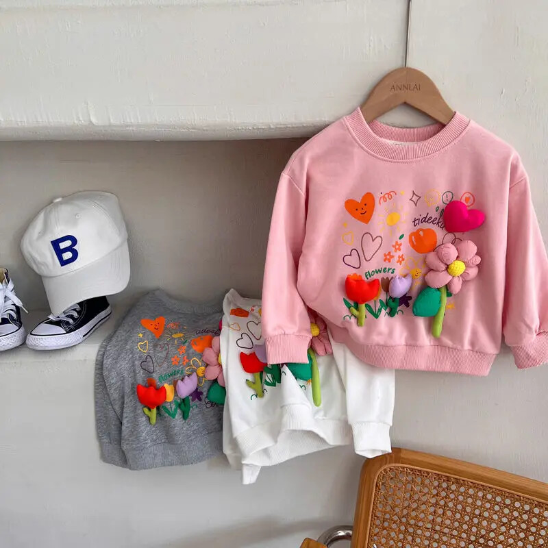 Βρεφικά κοριτσίστικα φούτερ Άνοιξη και Φθινόπωρο 2024 Παιδικό πουλόβερ πουλόβερ Casual Ευέλικτο τρισδιάστατο μπλουζάκι λουλουδιών