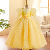 Vasarinė vaikiška vakarėlio suknelė ilgomis rankovėmis mergaitėms Vaikams Kostiumai nėriniuoti princesės suknelės mergaičių vakarėliams geltona suknelė gimtadienio suknele