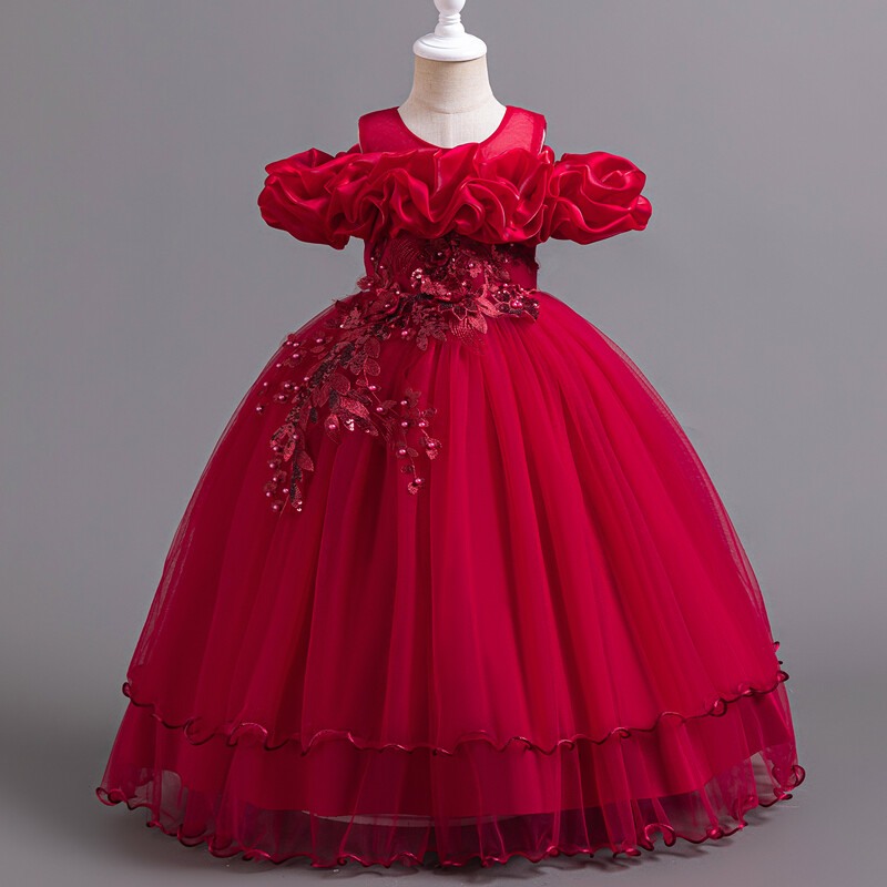 1326 Új, elegáns lány party ruha hosszú esküvői koszorúslány ruha 4-12 éves hálós hímzett ballagási estélyi ruhák