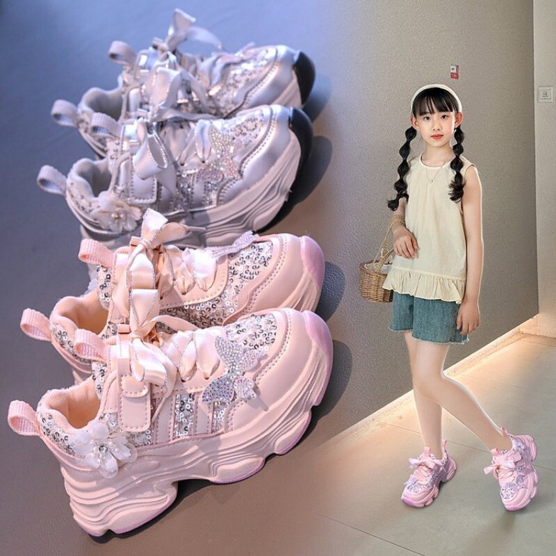 Маратонки за момичета 2024 Детски ежедневни обувки Дизайнерски тенис маратонки с мрежеста платформа 6 до 12 години Детски спортни обувки за момиче