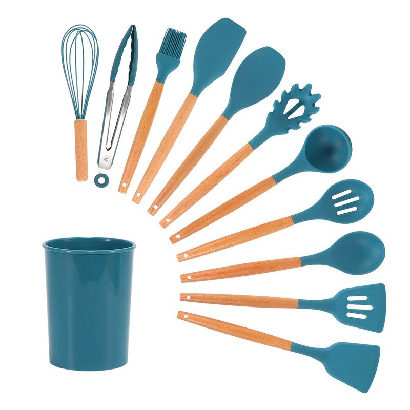 Μπλε σπάτουλα σιλικόνης λαβίδες κουταλιού Σκεύη Ανθεκτικό στη θερμότητα Κουτάλι για σούπα Αντικολλητικό φτυάρι σπάτουλα Ξύλινη λαβή Εργαλείο κουζίνας