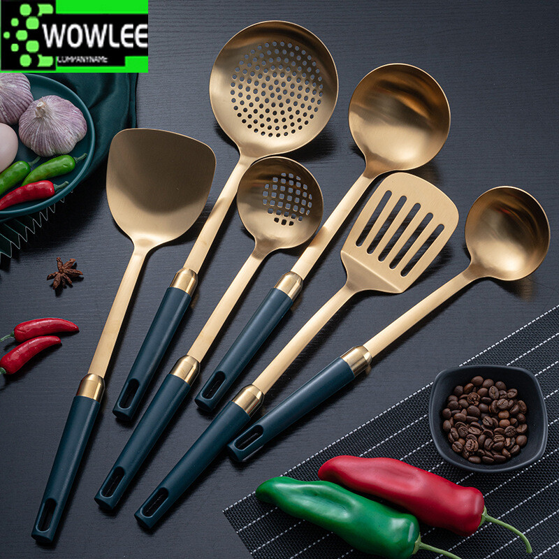 Set de ustensile de bucătărie din oțel inoxidabil auriu, ustensile de bucătărie de lux nordic, linguriță, spatulă pentru supă, mâner din ceramică, vase antiaderență