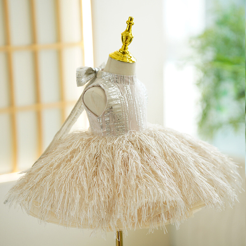 Μόδα μωρό κορίτσι πριγκίπισσα Bling με πούπουλα Φόρεμα για βρέφος νήπιο Παιδικό φιόγκο Vestido πάρτι καλλιτεχνών φόρεμα γενεθλίων 12M-14Y