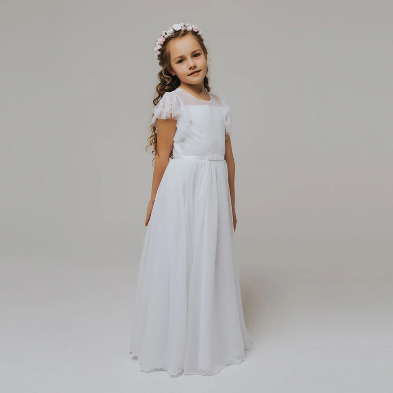 Καλοκαιρινό λουλούδι κορίτσι φόρεμα δαντέλα σιφόν πριγκίπισσα φόρεμα πάρτι γενεθλίων κοντομάνικα φορέματα για κορίτσια Λευκή μακριά φούστα παιδικά ρούχα