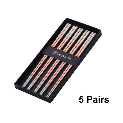 5 Ζεύγη πολυτελείας κινέζικα ξυλάκια από ανοξείδωτο χάλυβα επαναχρησιμοποιήσιμα μπαστούνια σούσι χρυσά ξυλάκια τιτανίου με μεταλλικά μπαστούνια τροφίμων σε κουτί δώρου