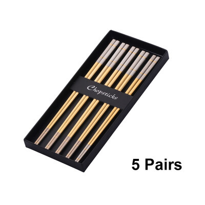 5 Ζεύγη πολυτελείας κινέζικα ξυλάκια από ανοξείδωτο χάλυβα επαναχρησιμοποιήσιμα μπαστούνια σούσι χρυσά ξυλάκια τιτανίου με μεταλλικά μπαστούνια τροφίμων σε κουτί δώρου