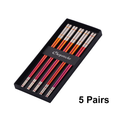 5 Ζεύγη πολυτελείας κινέζικα ξυλάκια από ανοξείδωτο χάλυβα επαναχρησιμοποιήσιμα μπαστούνια σούσι χρυσά ξυλάκια τιτανίου με μεταλλικά μπαστούνια τροφίμων σε κουτί δώρου